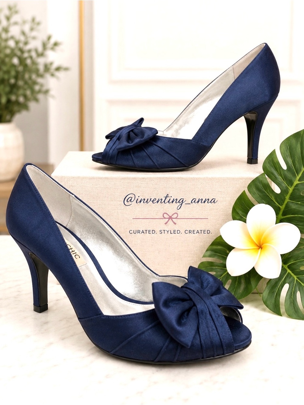 NINA Navy Blue Satin Peep Toe Heels with Bow Detail size 9.5